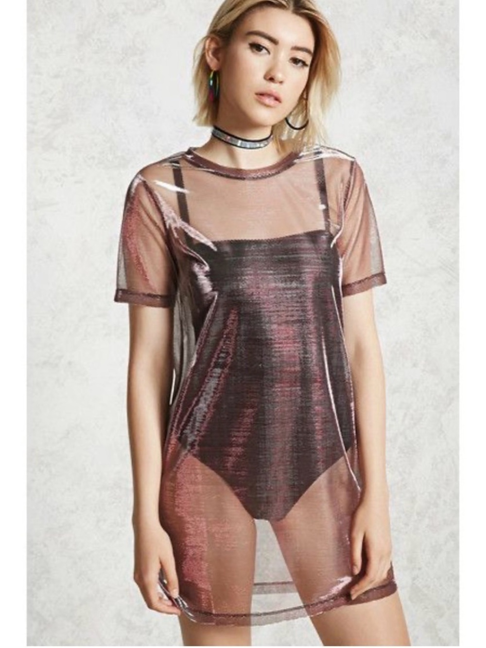 Forever 21 Shimmer Sheer Knit Long T Shirt Top - Champagne Taupe
